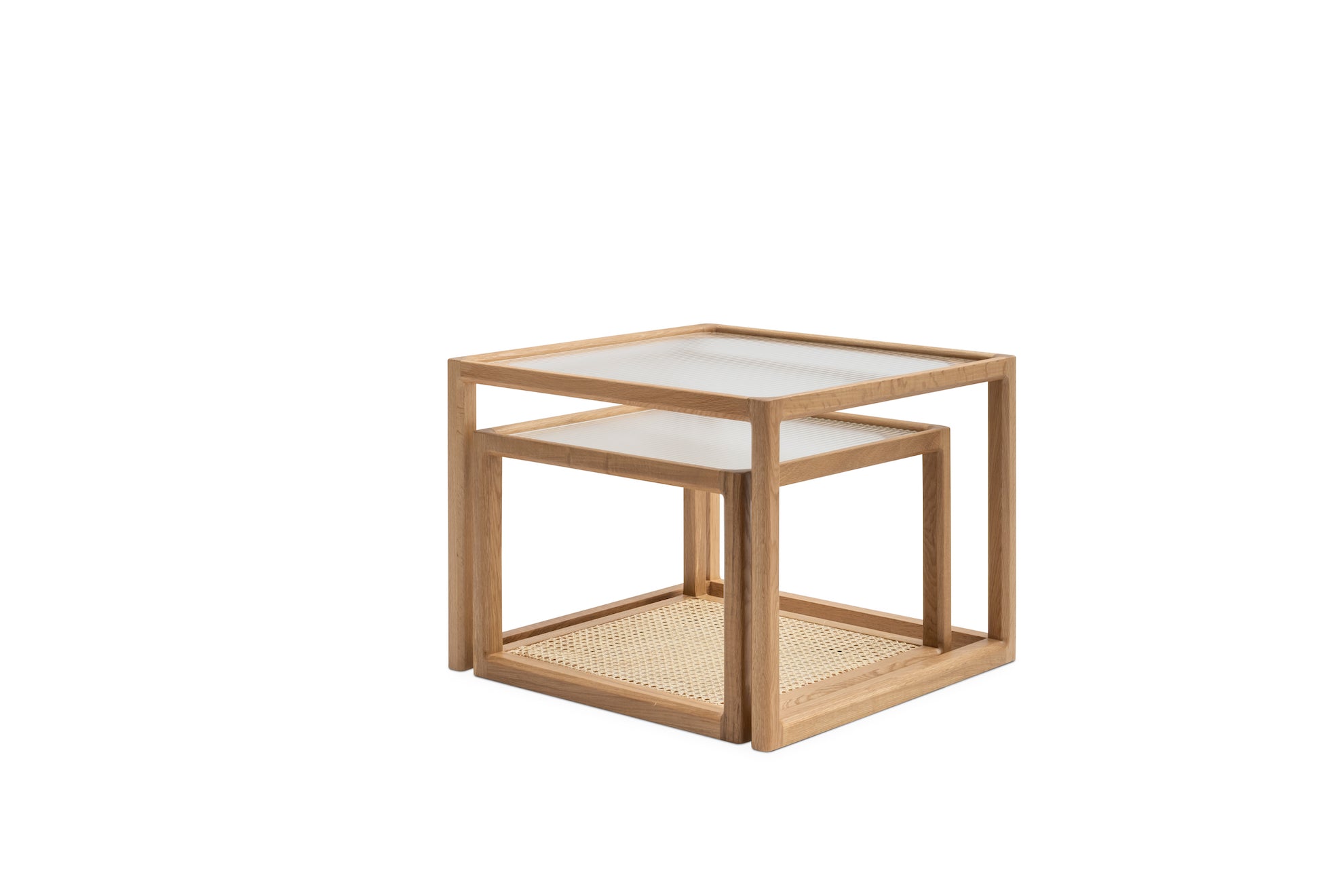 Forest Nest of Oak & Rattan Glass Coffee Tables