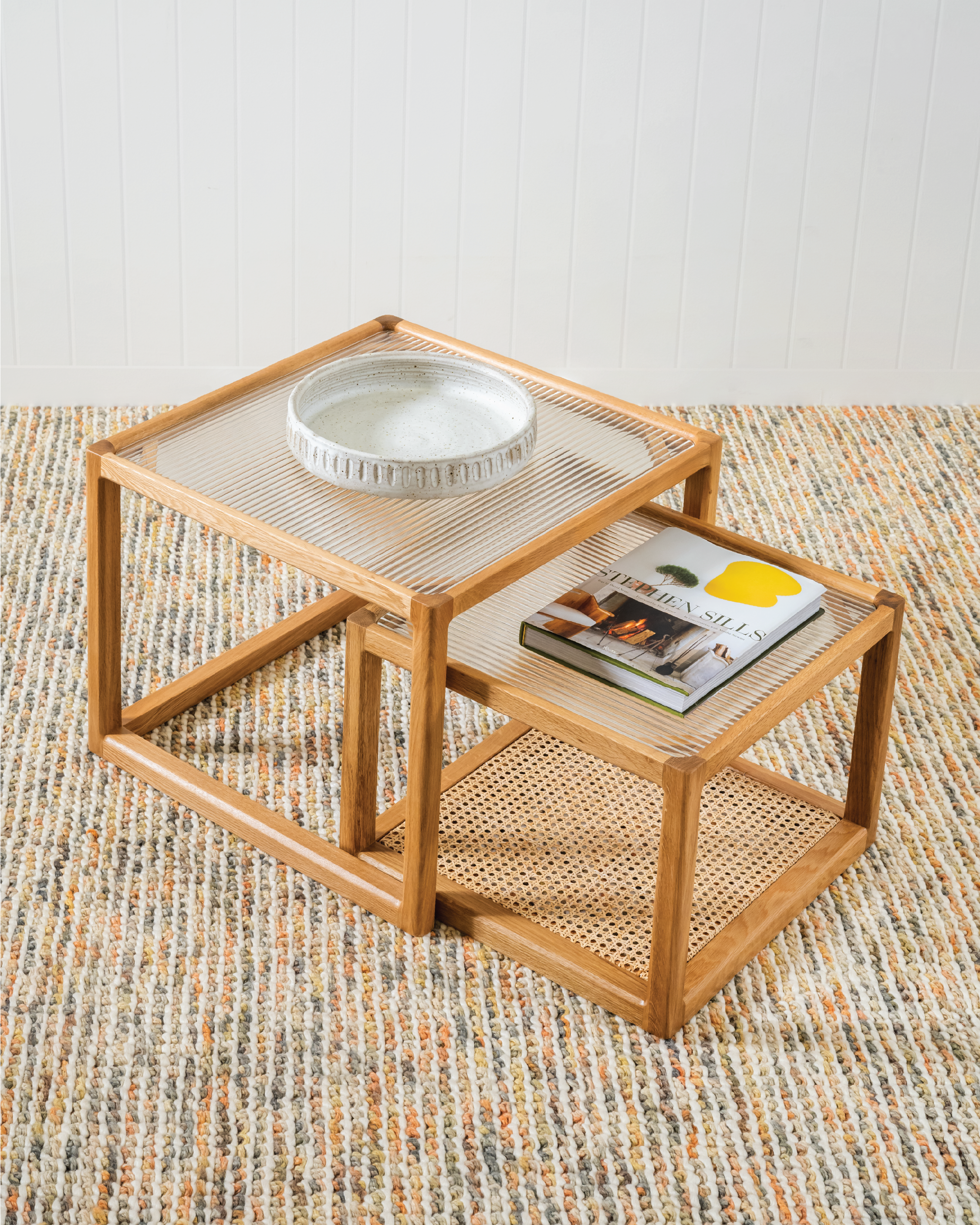 Forest Nest of Oak & Rattan Glass Coffee Tables